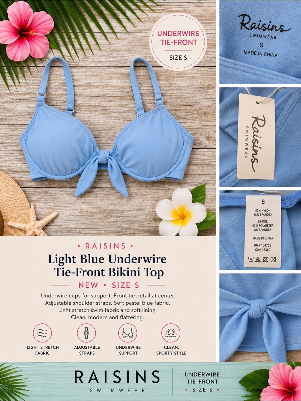 Raisins Light Blue Underwire Tie-Back Bikini Top NEW S